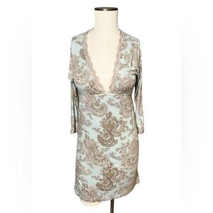 Wendy Glez Sleepwear Lounge Dress Sky Blue Paisley Lace Trim Long Sleeve Sz S